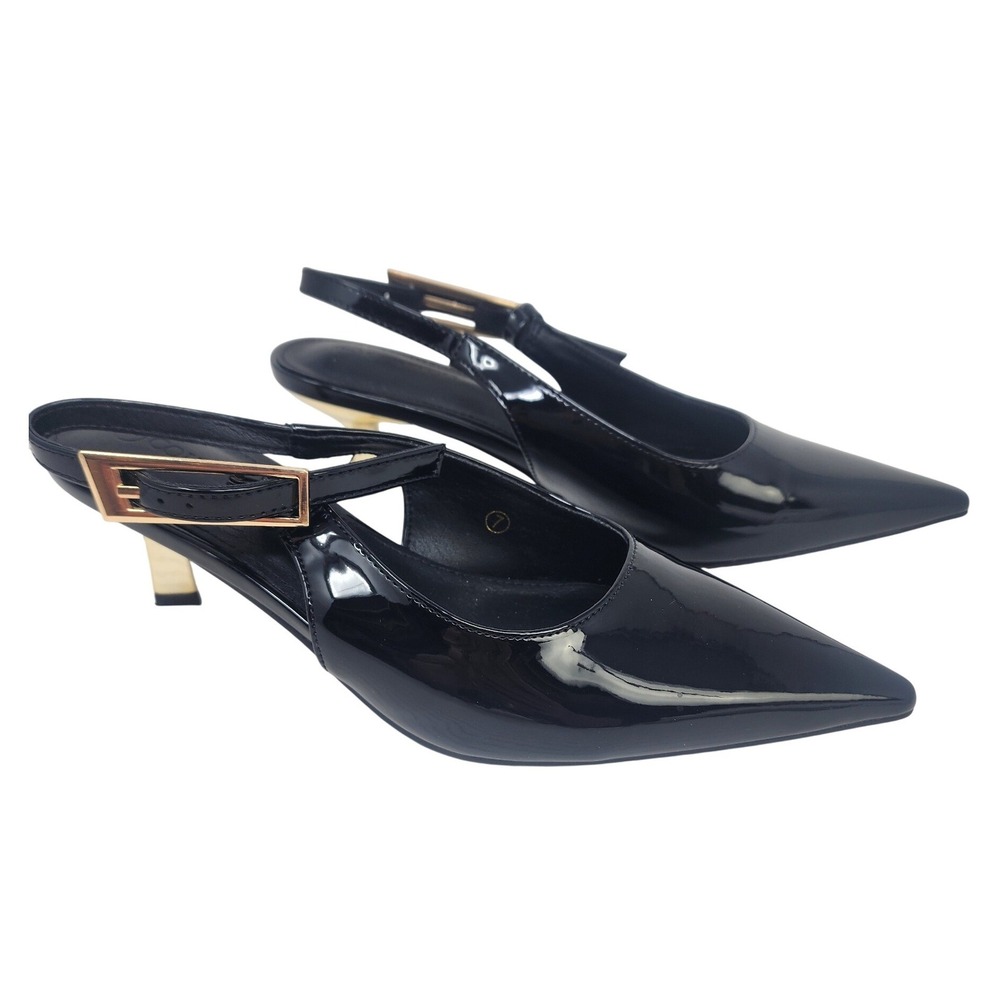 Coutgo Womens Black Patent Slingback Heels Gold Kitten Heel Pumps Size 7 NEW
